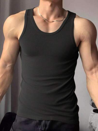 Camiseta sin mangas para hombre estilo minimalista básico algodón elástico lisa ajustada cuello U primavera verano para casa y gimnasio