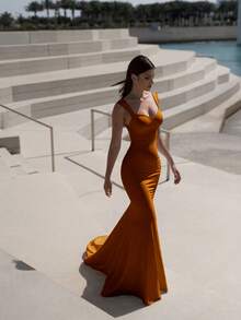 Basrey 橙色心形领口细肩带高腰露背长款连衣裙，鱼尾裙摆，长款礼服，正式舞会礼服，毕业/正式场合礼服，婚礼春季 - 橘色 - 查看 3