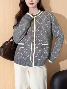 Alicedudu 女式复古风格休闲宽松针织开衫，菱形图案，秋冬 - 灰色 - 查看 3