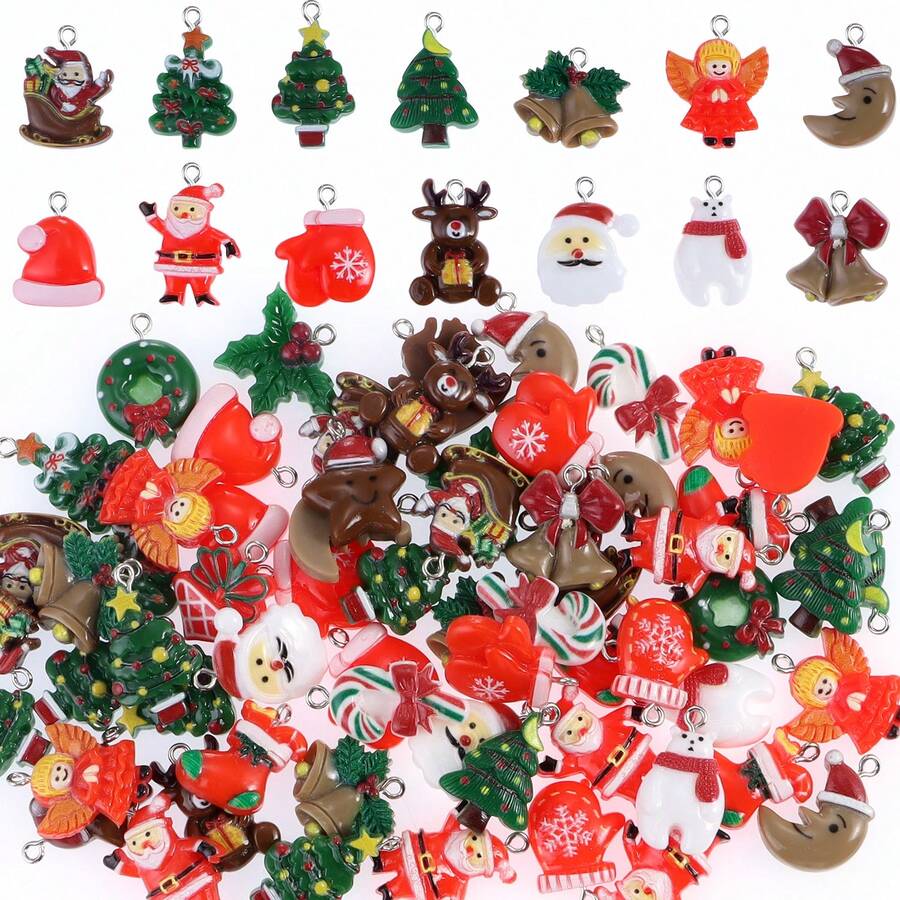 20pcs Christmas Resin Cartoon Pendants, Santa Claus Candy Cane Reindeer Snowman Bell Pattern DIY Jewelry Charms Earrings Craft Making - Multicolor - View 1