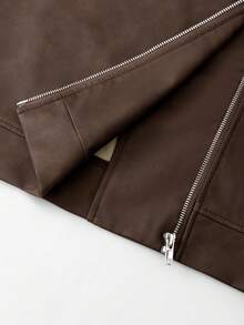 Women's Casual Vintage Diagonal-Zip Faux Leather (PU) Lapel Cropped Jacket For Autumn & Winter - Mocha Brown - View 6