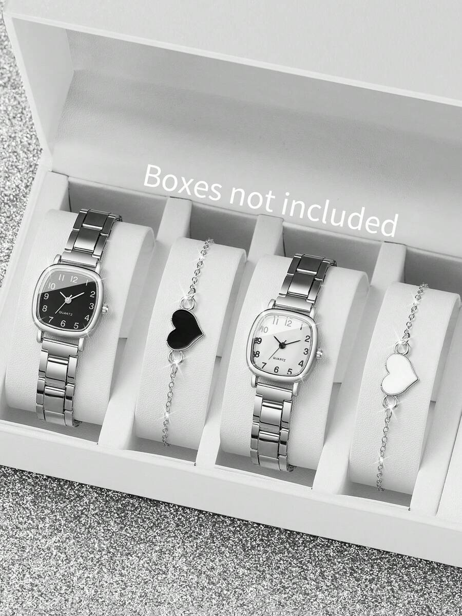 4 件套女士优雅石英腕表，简约方形表盘和数字显示 + 时尚心形手链（不含表盒） - 銀色 - 查看 1