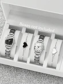 4 件套女士优雅石英腕表，简约方形表盘和数字显示 + 时尚心形手链（不含表盒） - 銀色 - 查看 10