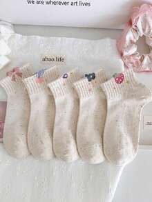 5 pares de calcetines cortos para mujer de color blanco y rosa con bordados florales y de moños, que absorben la humedad y son cómodos hasta el tobillo, adecuados para uso diario en primavera y verano