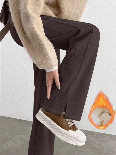 大码女式保暖内衬阔腿开衩裤，百搭休闲直筒裤，适合秋冬季节，秋季女装