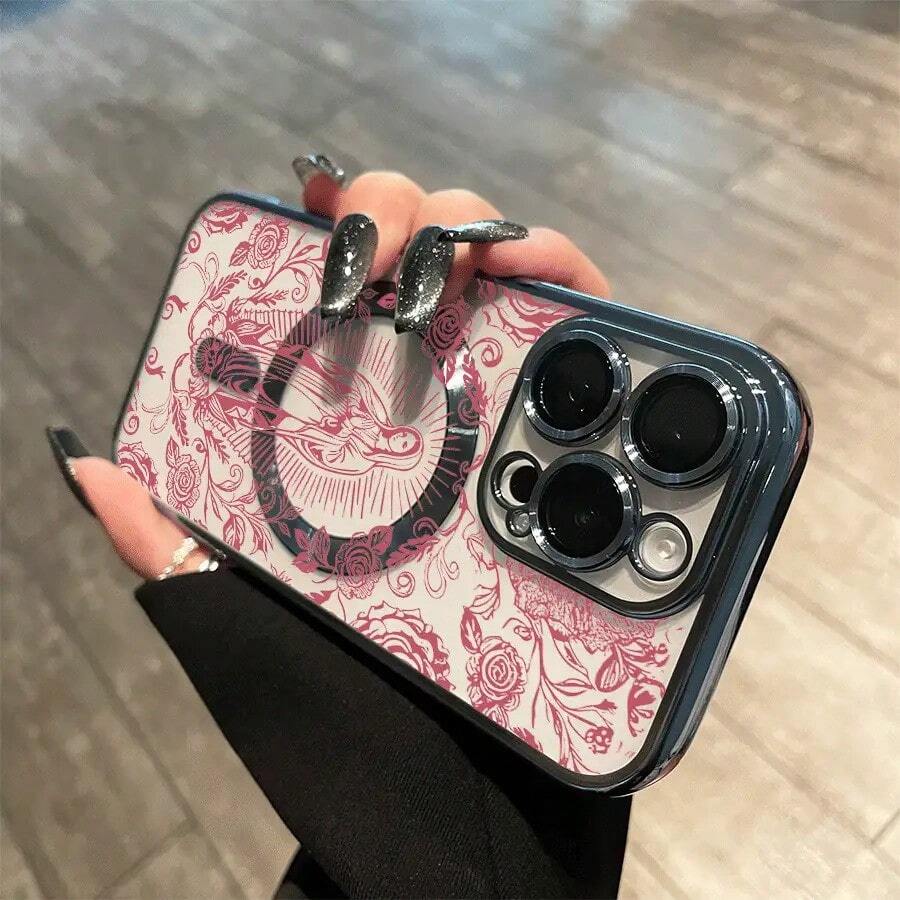 Teléfono con lente integral, diseño de flor de la Virgen María roja, acabado electrochapado magnético, compatible con carga inalámbrica magnética y compatible con phone 16 Pro Max, 16, 15 Pro, 14, 14 Plus/14 Pro Max, 13, 13 Pro, 12 Pro, 11/11 Pro y la serie Pro. Es un excelente teléfono para amigos, cumpleaños y festividades. - azul claro - Ver 1