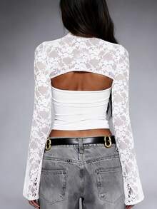 Women's Long Sleeve Tops Slim Fit Stylish Solid Hollow Out Lace Patchwork Long Sleeve T-Shirt For FallSpring - 白色 - 查看 7
