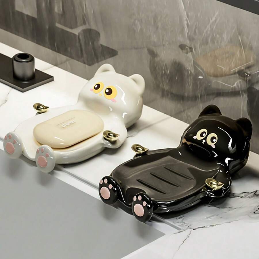 1个可爱卡通猫咪皂碟 - 装饰性塑料皂架，表面光滑，趣味浴室香皂海绵收纳架，装饰性皂托 | 迷人的浴室配件 | 光滑塑料结构，皂托，圣诞礼物浴室配件浴室工具