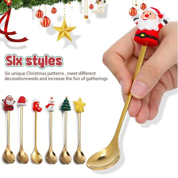 6 Christmas Coffee Spoons, Cute Coffee Spoon Set, Stainless Steel Mixing Christmas Spoons, Suitable For Christmas Parties In Restaurants, Hot Chocolate For Desserts, Milkshakes, Jams, Christmas Gifts, Chocolates, Milk. For Christmas Joy In Restaurants/Cafes.