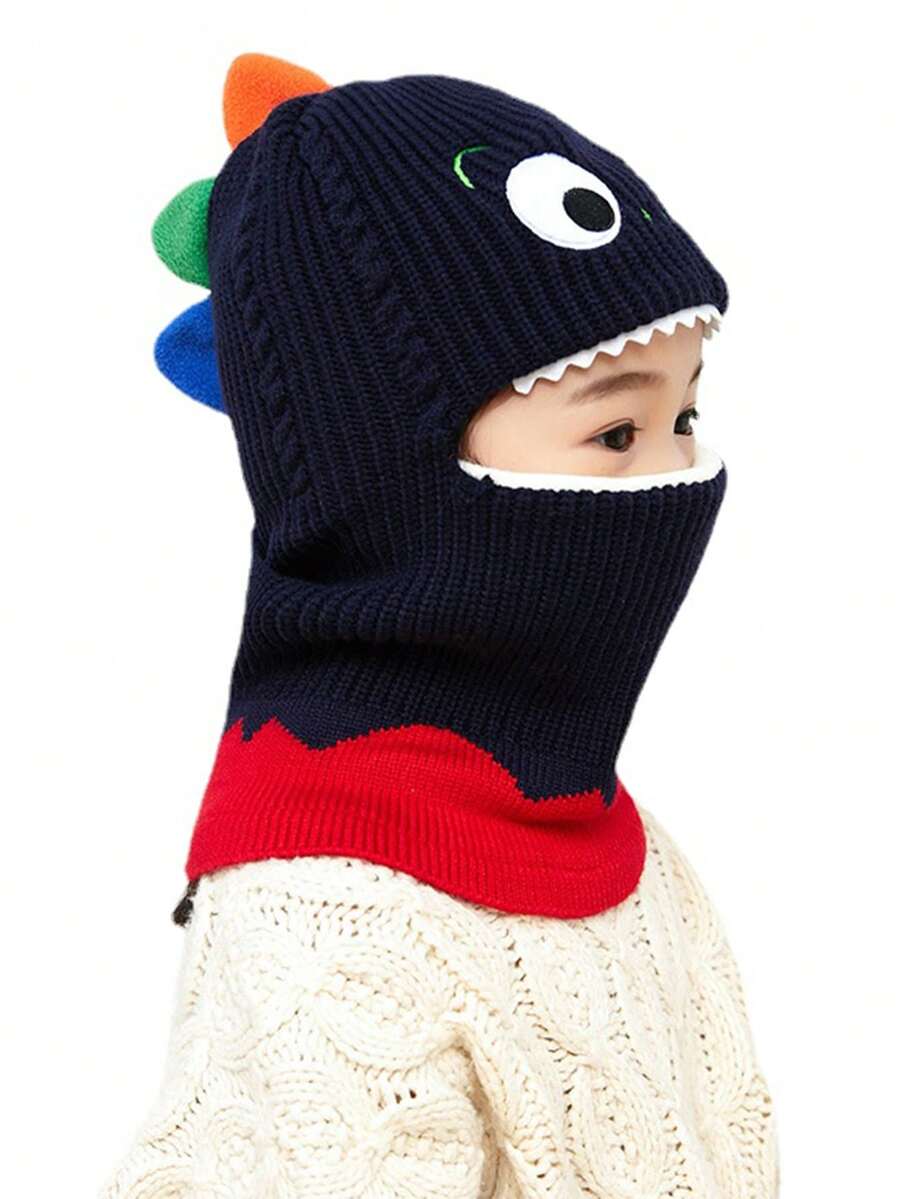 1 件儿童卡通恐龙防风帽和围巾套装，冬季保暖针织拉法帽，适合男孩和女孩