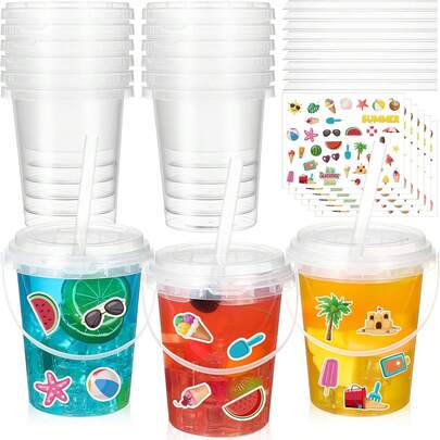 Funnymoom 12 Se 34 Oz Plastic Drink Bucke With Lid And Straws 6 Shee Summer Stickers Clear Drink Cup Disposable Cocktail Rum Bucke Reusable Ice Cream Pails For Summer Beach Pool Party Favors