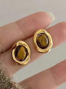 1 Pair Vintage French Style Round Faux Tiger Eye Stone Maillard Clip-On Earrings, Minimalist Geometric Design For Non-Pierced Ears - Yellow Gold - View 5