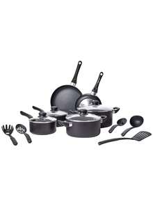 Juego de ollas y sartenes antiadherentes, set de utensilios de cocina de 13 piezas, incluye cacerolas, sartenes y accesorios, revestimiento resistente, distribución uniforme de calor, fácil de limpiar, adecuado para todo tipo de estufas - Negro - Ver 9