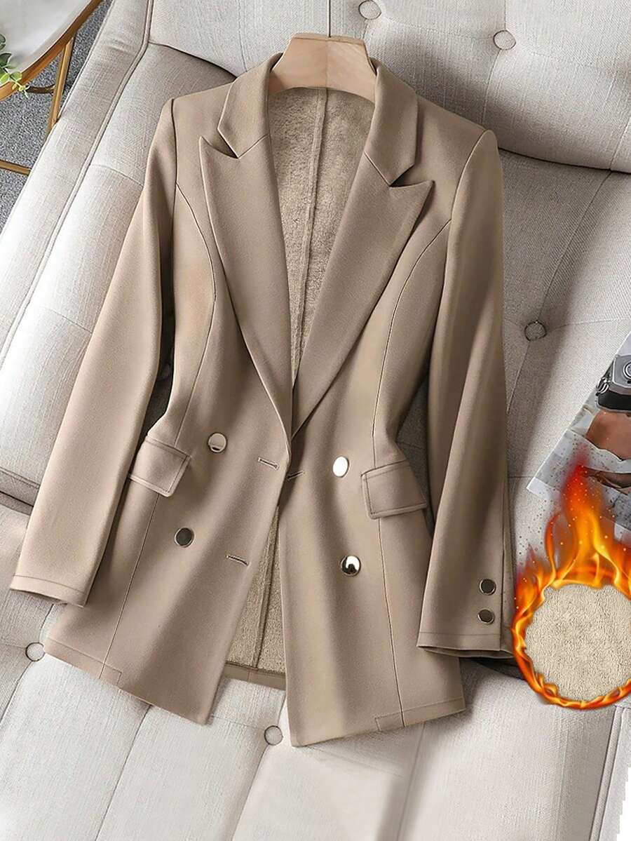 Sacou damă casual pentru navetiști, din material compozit, căptușit cu două rânduri de nasturi, lungime medie, mânecă lungă, iarnă