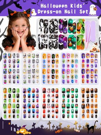 8pcs Halloween Kids Nail Art Salon Set, Cartoon Pumpkin, Spider, Cat Nail Stickers, DIY Nail Art Tools, Suitable For Girls, Kids, Holiday Gift, Family Gathering Accessories, Nail Decoration