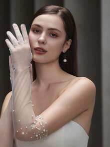 1 Pair Women's Long Beaded Mesh Gloves, Elegant White Long Bridal Wedding Party Photo Accessory, Bridal Wear. Versatile To Match With Wedding Dress Autumn Accessories