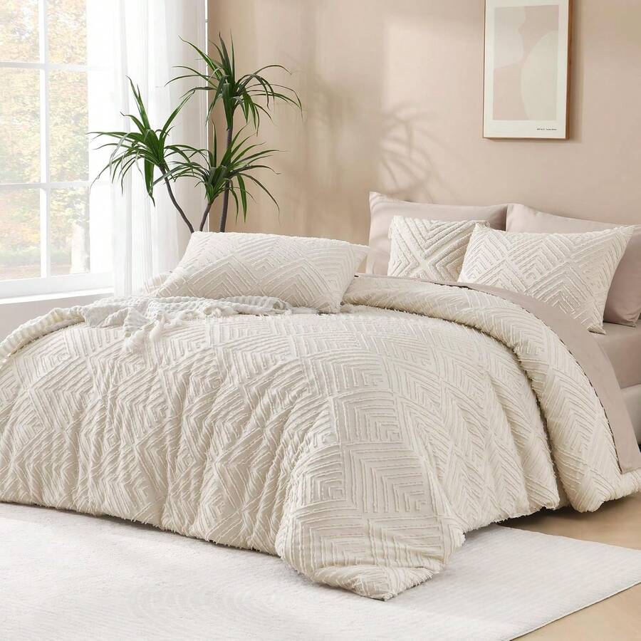 Oversized King Comforter 120''x98'', 3 Pieces Khaki Soft Boho Bedding Set, Farmhouse Tufted Fluffy Shabby Chic Bed Set For All Seasons (1 Comforter, 2 Pillowcases) With Modern Boho Style - 01 - 米色 - 查看 1