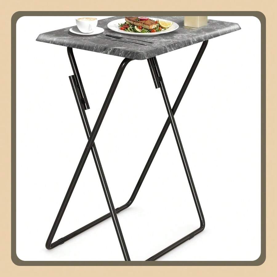 FoldWise Elegant Marble Stone Effect Folding Side Table – Fully Assembled Small Foldable Coffee Table & TV Dinner Tray – Compact Table For Eating, Snack, Bedside & Sofa Use - Black - View 1