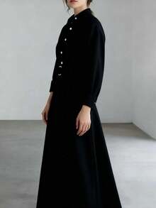 2026春秋新款女装设计：纯色、时尚弹力腰身、长袖连衣裙，饰有装饰纽扣；女士夏季长裙；夏季服装；女士夏季套装；春假套装；女士优雅连衣裙；女士休闲连衣裙；夏季度假套装 - 黑色 - 查看 8