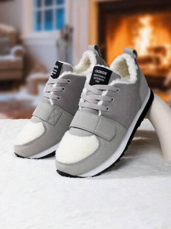 1 双青少年保暖防滑冬季鞋，舒适、耐用、简约、多功能，适合学生户外活动，灰色