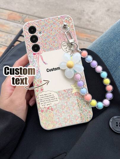 1 Stück anpassbares weißes TPU Handyhülle mit Blume Muster Hintergrund & 1 Stück weißes Perlenarmband, kompatibel mit Apple/Android/OPPO Handys