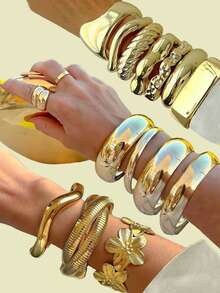 15 件/9 件/6 件/3 件/1 件复古时尚优雅金属多元素复古几何不对称仿珍珠五瓣花蝴蝶结圆形波浪结多层线交叉镂空宽开可调节手链和手镯套装，简约个性化夸张奢华高端珠宝适合女性情侣节日派对婚礼约会日常穿着多功能（根据图片随机款式发货） - 金黃色 - 查看 15