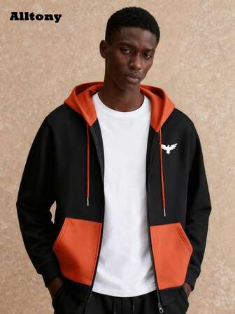 Alltony Men's Autumn/Winter Bird Logo Print Long Sleeve Pocket Contrast Zipper Hoodie Jacket, Fashion Casual Outdoor Sweatshirt For Street, Jogging, Travel, Camping, Commuting