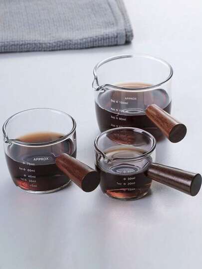 1 كوب قهوة زجاجي بمقياس، برطمان زجاجي للقشدة، كوب أونصة مع مقبض خشبي ياباني، طبق زجاجي للصلصة/الخل/القشدة
