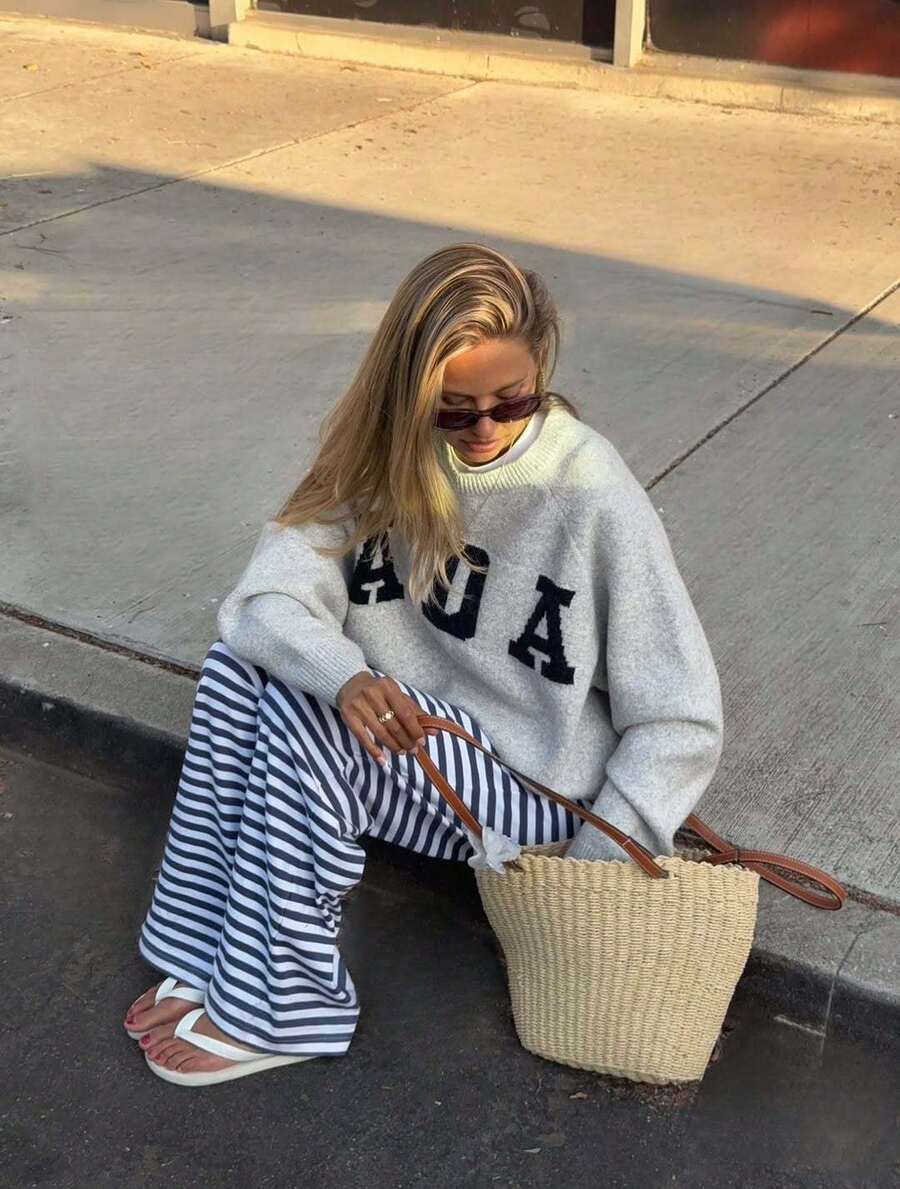 Áo nỉ cổ tròn in chữ tối giản SOOKAUG dành cho nữ, áo dệt kim dài tay dáng rộng, thu/đông - Xám - Xem 1