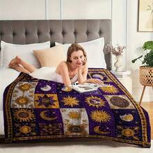 1 Piece Purple Sun Moon Stars Flannel Blanket - Soft And Lightweight Celestial Pattern Shawl, Gold And Navy Blue Vintage Design, All-Season Comfortable Sofa Bed Blanket, Durable 2D Printed Fabric Home Decor - Ideal Gift For Textile Enthusiasts (Deep Purple And Gold) - Nhiều màu - Xem 2