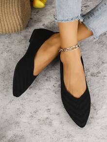 女式平底尖头针织网眼休闲舒适运动鞋 - 黑色 - 查看 2