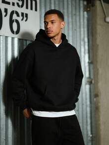 1PC Men's Black Solid Color Drop Shoulder Long Sleeve Drawstring Pocket Casual Hoodie, Autumn/Winter, Suitable For Work, Daily Office Sports, And As A Gift For Husbands And Boyfriend - 黑色 - 查看 1