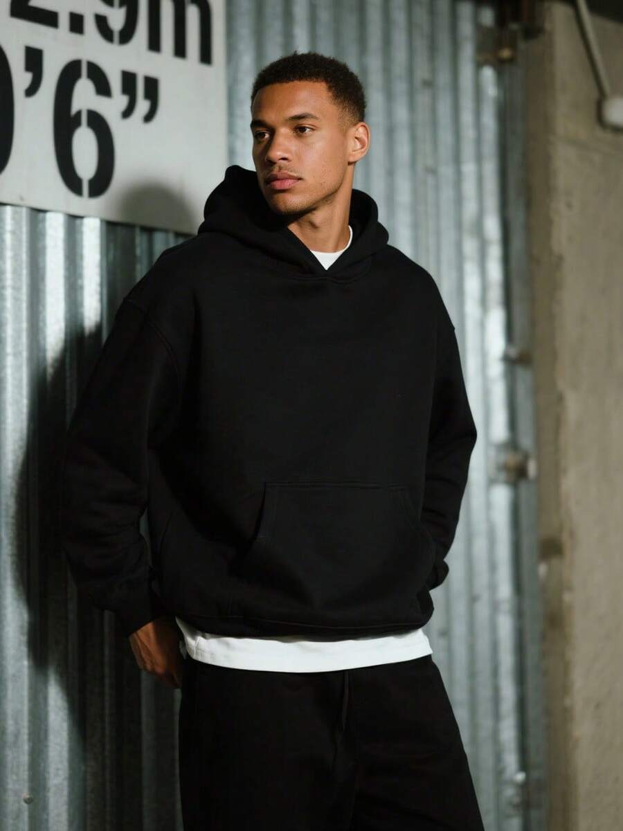 1PC Men's Black Solid Color Drop Shoulder Long Sleeve Drawstring Pocket Casual Hoodie, Autumn/Winter, Suitable For Work, Daily Office Sports, And As A Gift For Husbands And Boyfriend - 黑色 - 查看 1