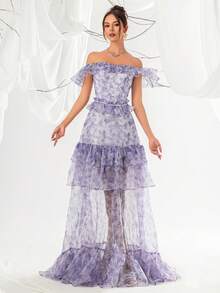 VIPGIRL Vestido de noche elegante de mujer con hombros descubiertos, volantes y malla - Morado - Ver 3