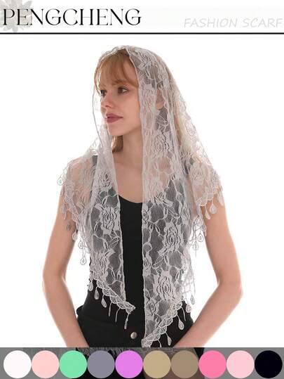 1pc Women Rose Floral Lace Hollow Out Solid Color Tassel Scarf, Bridal Veil Wedding Shawl