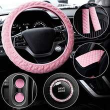 Tallew 8 Pcs Pink Cute Car Accessories Set Includes Steering Wheel Cover 2 Seat Belt Shoulder Pad Auto Center Console Pad 2 Cup Holders 2 Bling Start Button Ring Sticker Gift For Girl Women New Driver - 粉色 - 查看 6