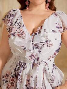 UNITHORSE Non-Positioning Flower V-Neck Ruffle Collar Detachable Tie Asymmetrical Ruffle Hem Printed Bridesmaid Dress - White - View 4