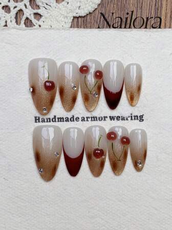 10pcs Handmade Nails Almond Nails Acrylic Press On Nails Long Nails, Minimalism Nude PinkNails, Red Gold Gradient Nails, Flashy Gold Cateye Red French Tip Nails, Handpainted 3D Cherry, Simple Elegant Luxury Autumn Nails, Minimalist Aesthetic Fall Press On Nail, Versatile Nails DIY False Nail Art Party Daily & Dating Suitable Use In Work Setting Reusable, For Women & Girls As Gift Nail Supplies