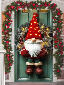 1 Stück beleuchteter Weihnachtsmann mit Schneekiefer Weihnachtskranz, festlicher Weihnachtsstil künstlicher Grünkranz mit LED-Beleuchtung und roten Beeren Details, Türkranz Dekoration für Weihnachten Zuhause, Feiertags-Party Ornament, Winterliche Saison Dekoration