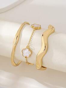 3件时尚简约幸运草和几何波浪手链套装 - 金黃色 - 查看 1