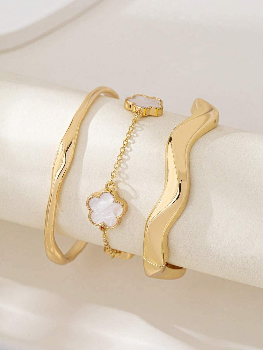 3件时尚简约幸运草和几何波浪手链套装 - 金黃色 - 查看 1