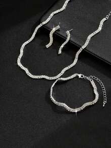 4pcs Women Jewelry Set - Necklace, Earrings, Bracelet, Rhombus Pattern, Party/Bridal/Graduation - 銀色 - 查看 3