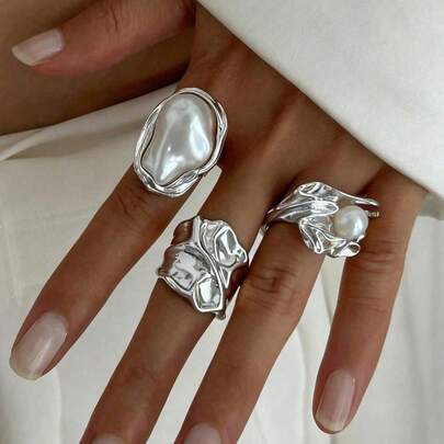3pcs Vintage Asymmetric Gold Abstract Metal Ring Set, Baroque Style Faux Pearl Jewelry Set, Stackable Thick Jewelry Set, Suitable For Women's Daily Decoration, Various Parties, Fashion Matching, Holiday Gifts