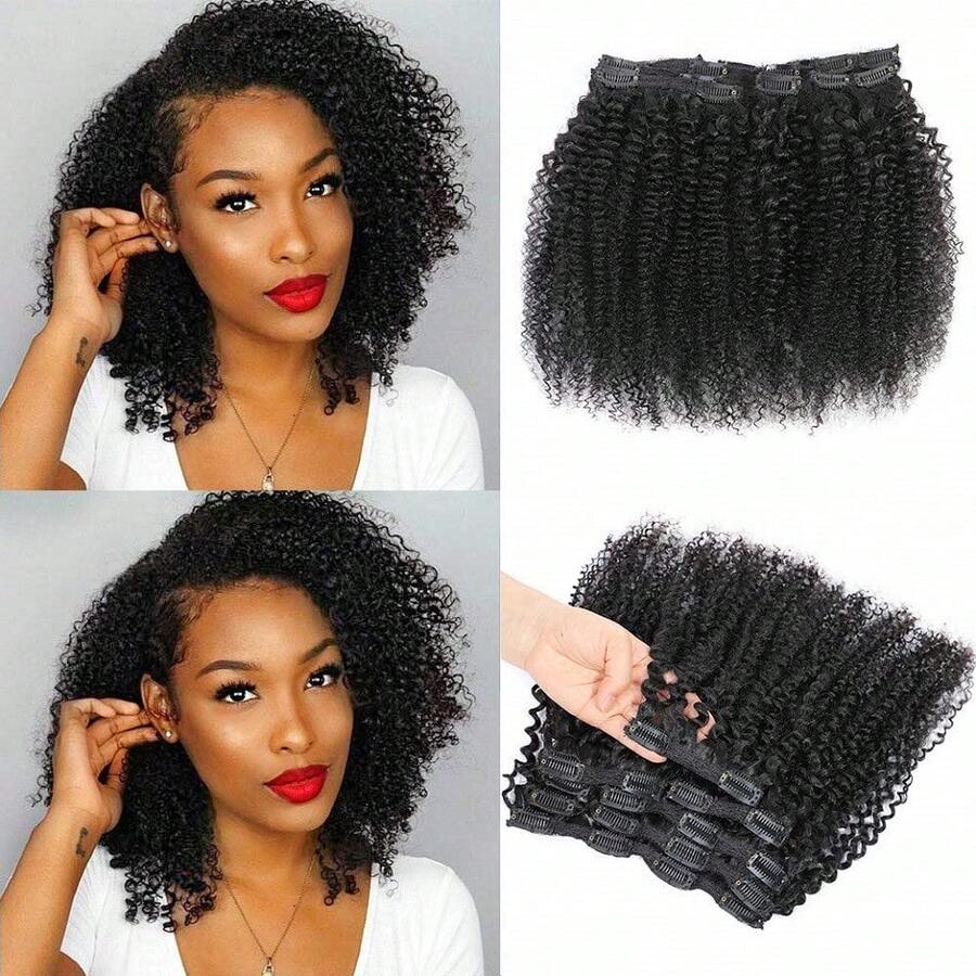 BINF Kinky Curly Clip In Hair Extensions Full Head For Women Curly Clip In Extension Human Hair Bundle Weft Brazilian Virgin Curly Human Hair Extensions Double Lace Weft Natural Color 8Pcs With 20clips 120g/Set Clip-In Hair Extensions Bundles For Women Afro Kinky Curly Clip In Human Hair Bundles Extensions - Kinky Curly Clip ins Extensions - 查看 1