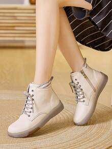 Women's Thick Sole Lace-Up Ankle Boots, Fashion Versatile Non-Slip Durable Soft Bottom Comfortable High Top Casual Shoes With Side Zipper, Autumn/Winter - Beige - View 13