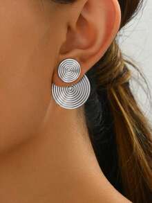 1 Pair New Minimalist Geometric Summer Everyday Wear Fashion Elegant Simplex Round Floral Front & Back Stud Earrings - 銀色 - 查看 6