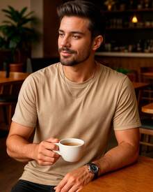 Men's Basic 100% Cotton T-Shirt With Shoulder-To-Shoulder Reinforcement, Plain, Casual Fit - 米色 - 查看 1