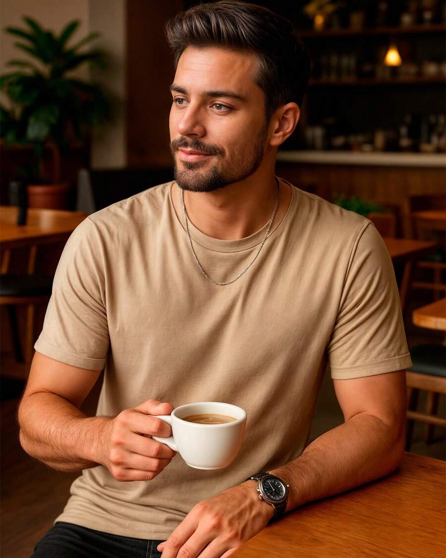 Men's Basic 100% Cotton T-Shirt With Shoulder-To-Shoulder Reinforcement, Plain, Casual Fit - 米色 - 查看 1