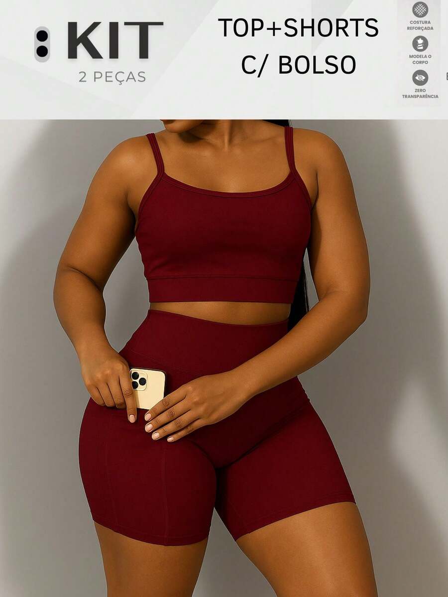 Top And Shorts Set With POCKET Fitness Gym High Waist Double Waistband - 酒紅色 - 查看 1