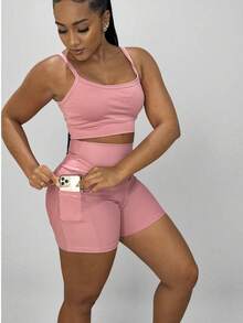 Conjunto top e shorts com BOLSO Fitness Academia Cintura alta Cós Duplo - Rosa Bebê - Visão 3